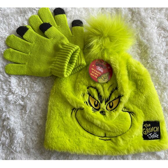 The Grinch Faux Fur Kids Beanie Hat Gloves Set Green Fluffy Christmas NEW Xmas - Picture 1 of 7